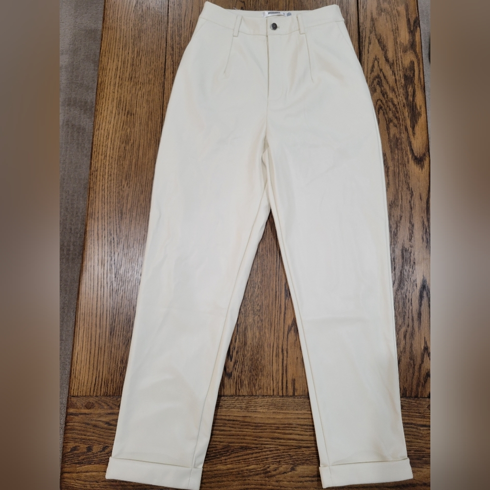 High Waisted Faux Leather Cigarette Straight Leg Rolled Cuff Pants
